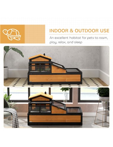 PawHut Wooden Tortoise House with Balcony, Tray, Roof, for Indoor and Outdoor, Yellow