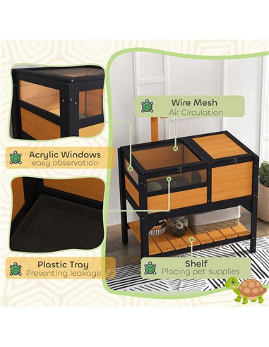 PawHut Wooden Tortoise House, with Shelter, Run, Shelf, Lamp Holder, Tray, Yellow