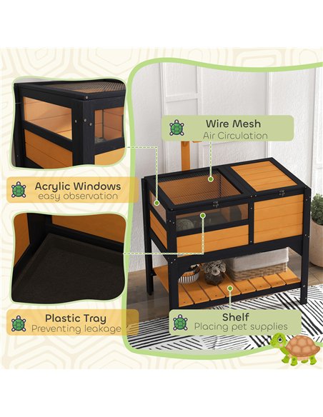 PawHut Wooden Tortoise House, with Shelter, Run, Shelf, Lamp Holder, Tray, Yellow - pic 159213 | FastDaddyshop