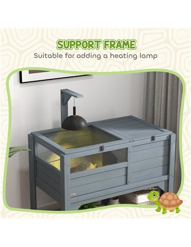 PawHut Wooden Tortoise House, with Shelter, Run, Shelf, Lamp Holder, Tray, Grey