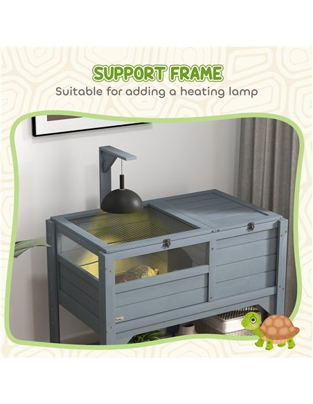 PawHut Wooden Tortoise House, with Shelter, Run, Shelf, Lamp Holder, Tray, Grey - pic 159220 | FastDaddyshop