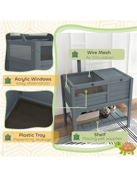 PawHut Wooden Tortoise House, with Shelter, Run, Shelf, Lamp Holder, Tray, Grey - pic 159222 | FastDaddyshop