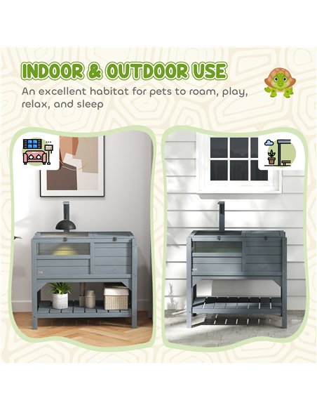PawHut Wooden Tortoise House, with Shelter, Run, Shelf, Lamp Holder, Tray, Grey - pic 159223 | FastDaddyshop