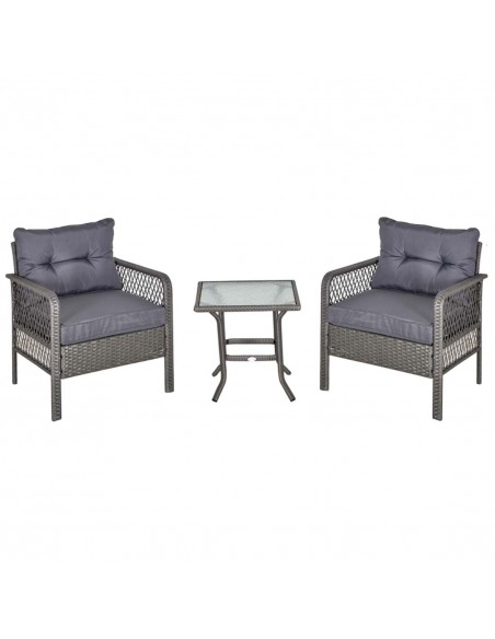 Outsunny 3 Pieces Outdoor PE Rattan Bistro Set with Coffee Table, Armrest Chairs, Cushion, Grey - pic 15923 | FastDaddyshop