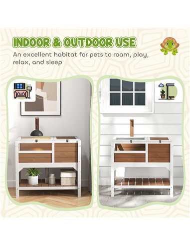 PawHut Wooden Tortoise House, with Shelter, Run, Shelf, Lamp Holder, Tray - Brown