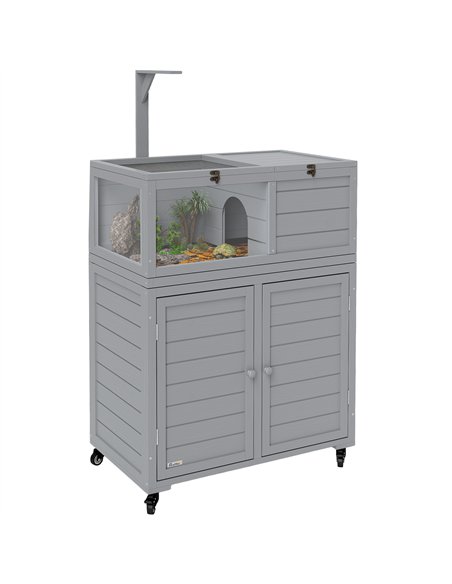 PawHut Wooden Tortoise House with Storage Cabinet, Openable Top, Lamp Holder, Transparent Observation Windows, Light Grey - pic 159234 | FastDaddyshop