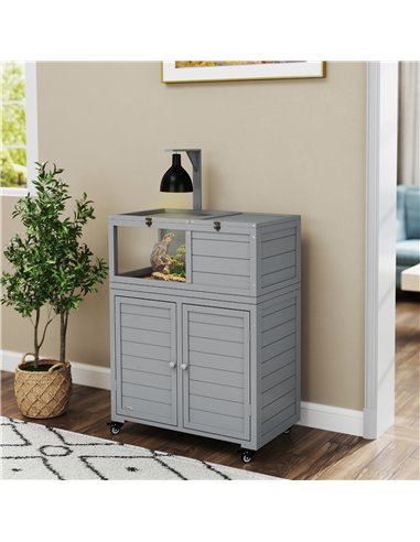 PawHut Wooden Tortoise House with Storage Cabinet, Openable Top, Lamp Holder, Transparent Observation Windows, Light Grey