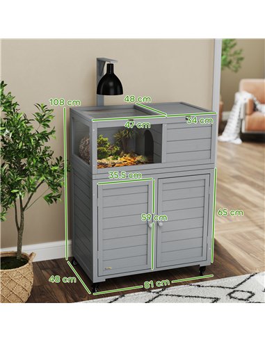 PawHut Wooden Tortoise House with Storage Cabinet, Openable Top, Lamp Holder, Transparent Observation Windows, Light Grey