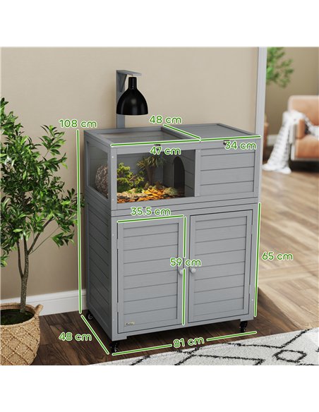 PawHut Wooden Tortoise House with Storage Cabinet, Openable Top, Lamp Holder, Transparent Observation Windows, Light Grey - pic 159236 | FastDaddyshop
