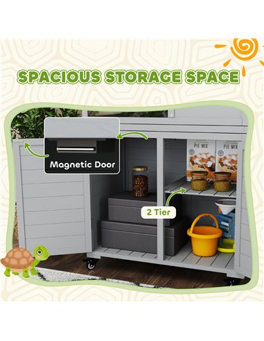 PawHut Wooden Tortoise House with Storage Cabinet, Openable Top, Lamp Holder, Transparent Observation Windows, Light Grey