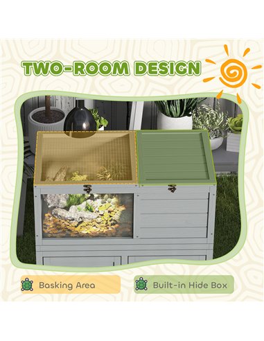 PawHut Wooden Tortoise House with Storage Cabinet, Openable Top, Lamp Holder, Transparent Observation Windows, Light Grey