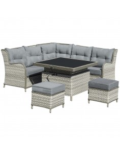 Outsunny 7-Seater PE Rattan Dining Sofa Set with Adjustable Convertible Rising Table, Grey