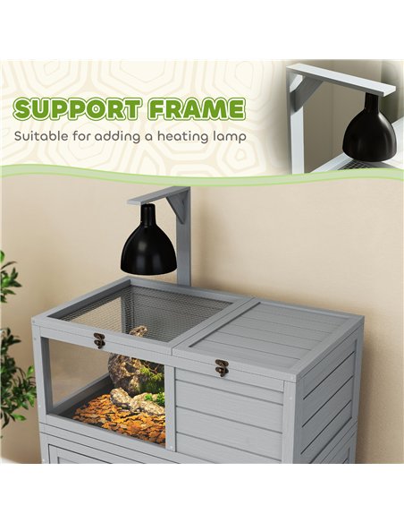 PawHut Wooden Tortoise House with Storage Cabinet, Openable Top, Lamp Holder, Transparent Observation Windows, Light Grey - pic 159240 | FastDaddyshop