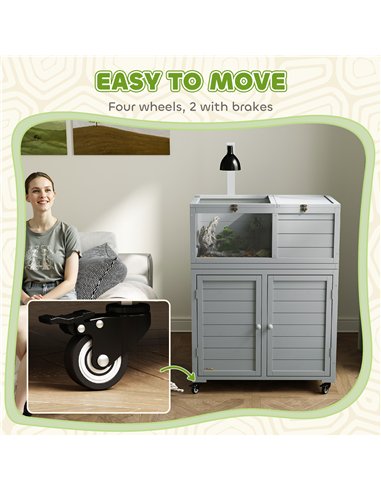 PawHut Wooden Tortoise House with Storage Cabinet, Openable Top, Lamp Holder, Transparent Observation Windows, Light Grey