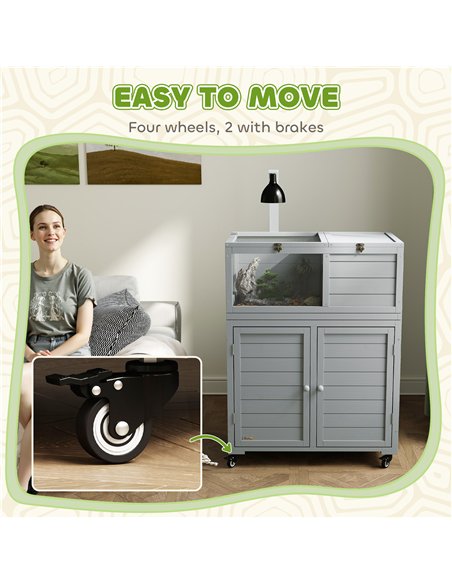 PawHut Wooden Tortoise House with Storage Cabinet, Openable Top, Lamp Holder, Transparent Observation Windows, Light Grey - pic 159241 | FastDaddyshop