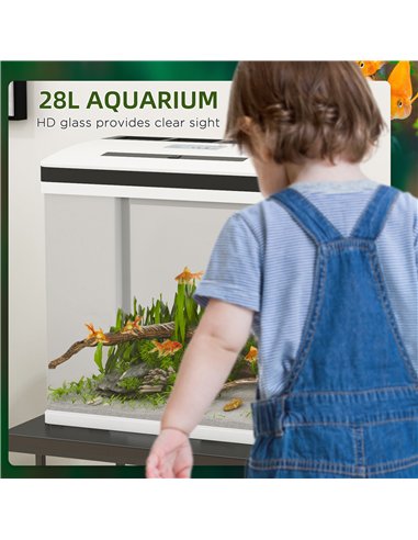 PawHut 28L Glass Aquarium Fish Tank with Filter, LED Lighting, for Betta, Guppy, Mini Parrot Fish, Shrimp, 38 x 26 x 39.5cm
