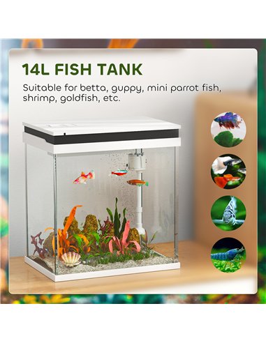 PawHut 14L Glass Fish Tank with Filter System, LED Lights, Water Pump, White