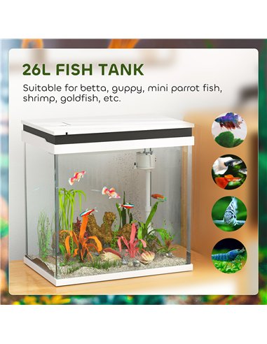 PawHut 26L Glass Fish Tank with Filter System, LED Lights, Water Pump, White