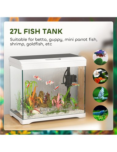 PawHut 27L Glass Fish Tank with Filter System, LED Light, Water Pump, for Betta, Goldfish, Shrimps, White