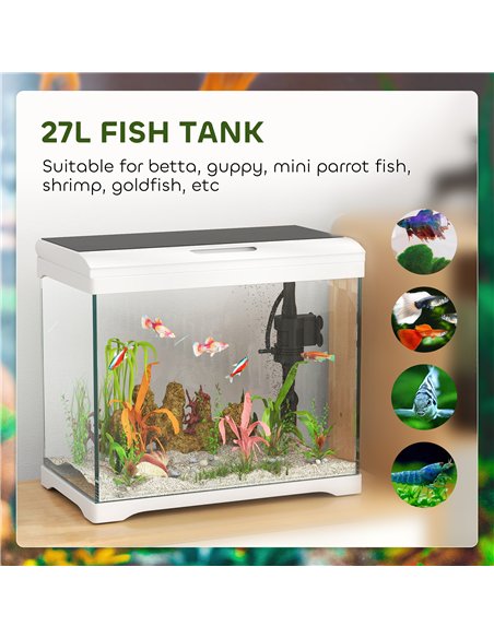 PawHut 27L Glass Fish Tank with Filter System, LED Light, Water Pump, for Betta, Goldfish, Shrimps, White - pic 159283 | FastDaddyshop