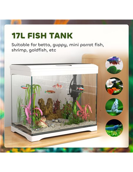 PawHut 17L Glass Fish Tank with Filter System, LED Light, Water Pump, for Betta, Goldfish, Shrimps, White - pic 159292 | FastDaddyshop