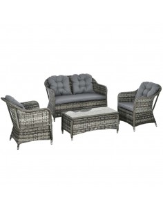 Outsunny 4 Pieces PE Rattan Wicker Sofa Set with Coffee Table, Cushion, Grey