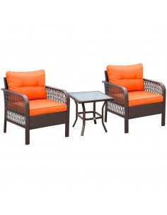 Outsunny 3 Pieces Patio PE Rattan Bistro Set with Coffee Table, Armrest Chairs, Cushion, Orange
