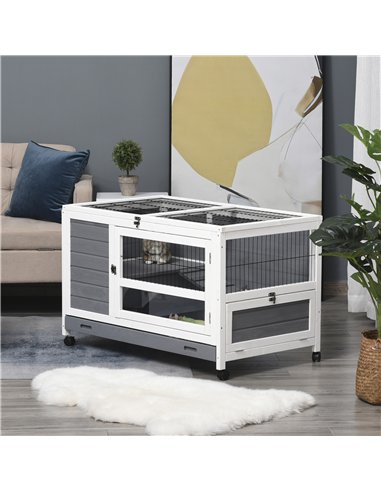 PawHut Wooden Guinea Pigs Hutches Elevated Pet Bunny House Rabbit Cage with Slide-Out Tray Indoor Grey