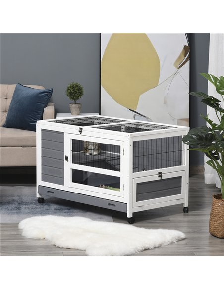 PawHut Wooden Guinea Pigs Hutches Elevated Pet Bunny House Rabbit Cage with Slide-Out Tray Indoor Grey - pic 159360 | FastDaddyshop