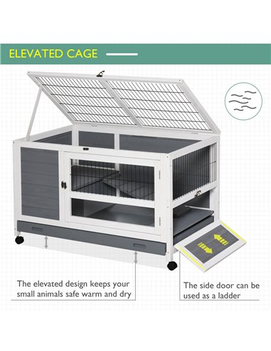PawHut Wooden Guinea Pigs Hutches Elevated Pet Bunny House Rabbit Cage with Slide-Out Tray Indoor Grey