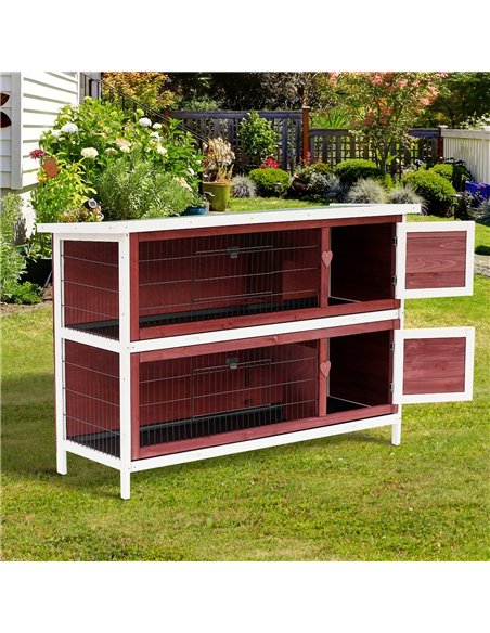 Pawhut Two-Tier Double Decker Wooden Guinea Pigs Hutches Pet Cage 136.4Lx50Wx93H cm-Brown/White - pic 159396 | FastDaddyshop