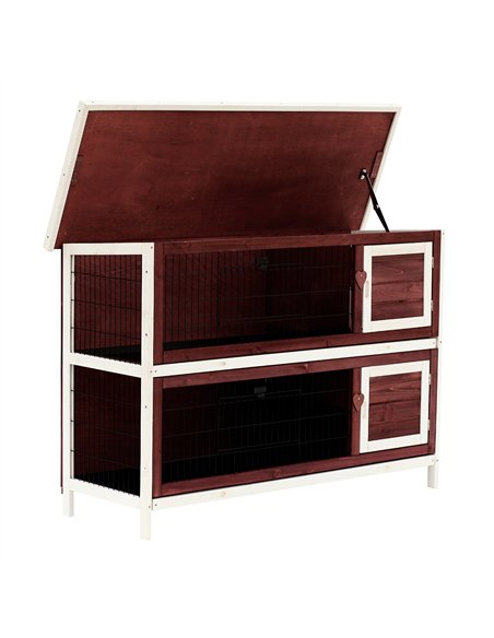 Pawhut Two-Tier Double Decker Wooden Guinea Pigs Hutches Pet Cage 136.4Lx50Wx93H cm-Brown/White - pic 159397 | FastDaddyshop