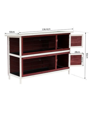 Pawhut Two-Tier Double Decker Wooden Guinea Pigs Hutches Pet Cage 136.4Lx50Wx93H cm-Brown/White