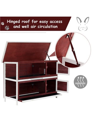 Pawhut Two-Tier Double Decker Wooden Guinea Pigs Hutches Pet Cage 136.4Lx50Wx93H cm-Brown/White