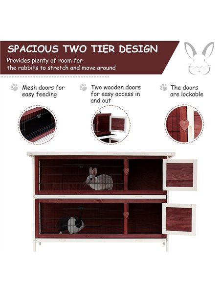 Pawhut Two-Tier Double Decker Wooden Guinea Pigs Hutches Pet Cage 136.4Lx50Wx93H cm-Brown/White - pic 159402 | FastDaddyshop