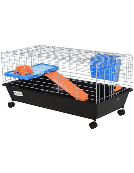 PawHut Steel Small 2-Tier Small Guinea Pigs Hutches w/ Accessories Blue/Orange - pic 159405 | FastDaddyshop