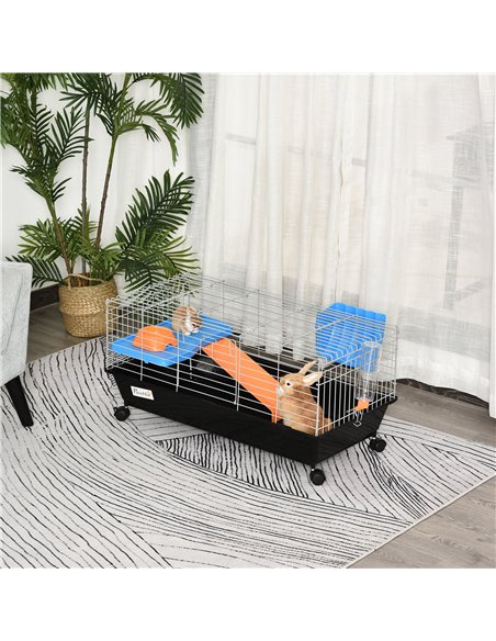 PawHut Steel Small 2-Tier Small Guinea Pigs Hutches w/ Accessories Blue/Orange - pic 159406 | FastDaddyshop
