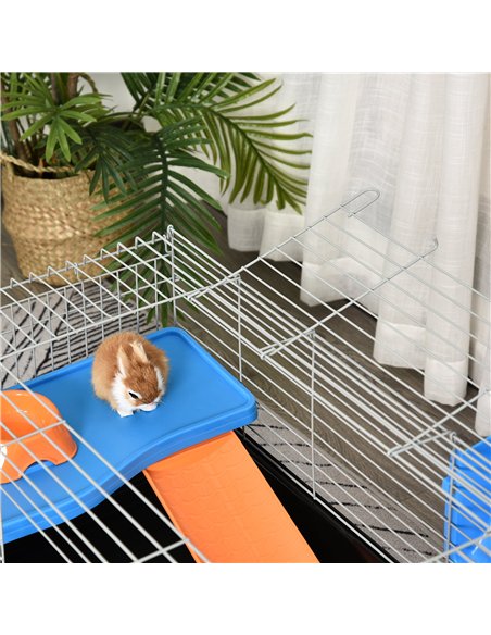 PawHut Steel Small 2-Tier Small Guinea Pigs Hutches w/ Accessories Blue/Orange - pic 159408 | FastDaddyshop