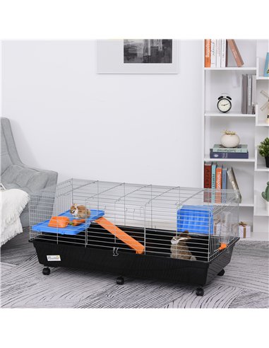 PawHut Steel Medium 2-Tier Small Guinea Pigs Hutches w/ Accessories Blue/Orange