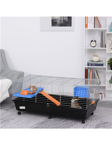 PawHut Steel Medium 2-Tier Small Guinea Pigs Hutches w/ Accessories Blue/Orange - pic 159415 | FastDaddyshop