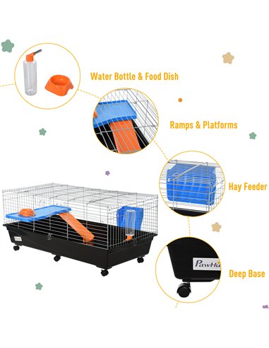 PawHut Steel Medium 2-Tier Small Guinea Pigs Hutches w/ Accessories Blue/Orange