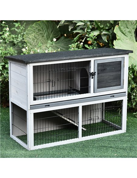 PawHut Small Animal Two-Level Fir Wood Guinea Pigs Hutches Bunny Cage w/ Slide Out Tray Grey - pic 159423 | FastDaddyshop