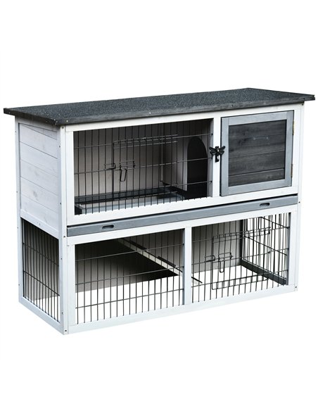 PawHut Small Animal Two-Level Fir Wood Guinea Pigs Hutches Bunny Cage w/ Slide Out Tray Grey - pic 159424 | FastDaddyshop