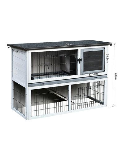 PawHut Small Animal Two-Level Fir Wood Guinea Pigs Hutches Bunny Cage w/ Slide Out Tray Grey