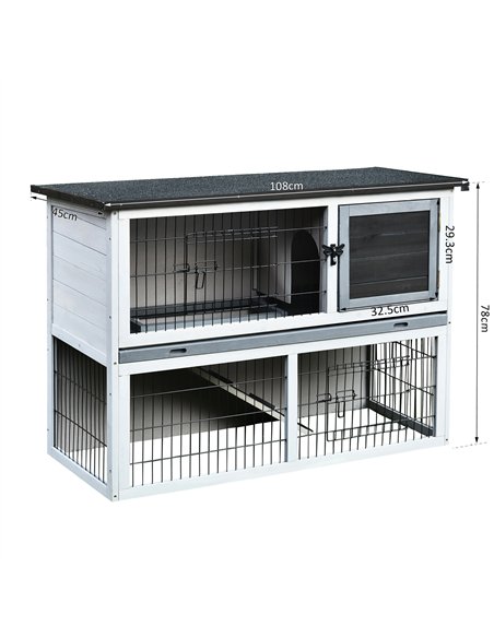 PawHut Small Animal Two-Level Fir Wood Guinea Pigs Hutches Bunny Cage w/ Slide Out Tray Grey - pic 159425 | FastDaddyshop