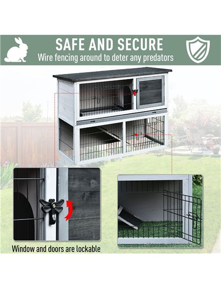 PawHut Small Animal Two-Level Fir Wood Guinea Pigs Hutches Bunny Cage w/ Slide Out Tray Grey - pic 159428 | FastDaddyshop