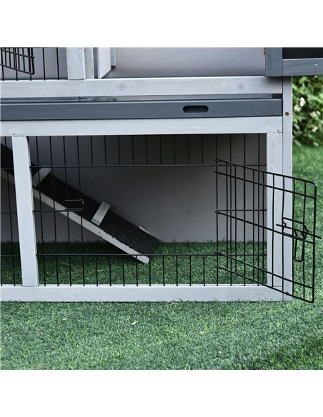 PawHut Small Animal Two-Level Fir Wood Guinea Pigs Hutches Bunny Cage w/ Slide Out Tray Grey - pic 159429 | FastDaddyshop