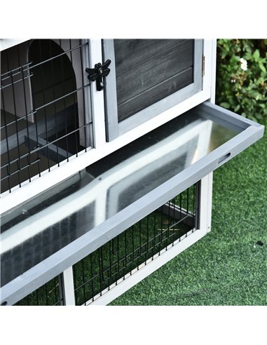 PawHut Small Animal Two-Level Fir Wood Guinea Pigs Hutches Bunny Cage w/ Slide Out Tray Grey