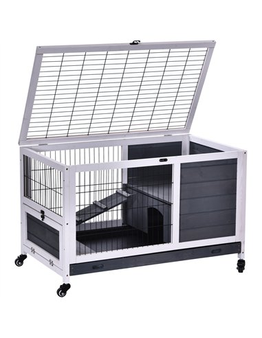 PawHut Rabbits Indoor Fir Wood Lift-Top Hutch Guinea Pigs Hutches-Grey and White