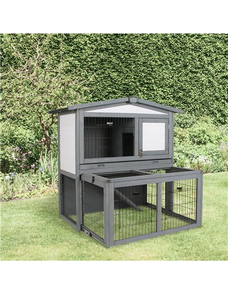 PawHut Rabbits 2-Tier Fur Wood Outdoor Hutch Guinea Pigs Hutches Grey - pic 159486 | FastDaddyshop